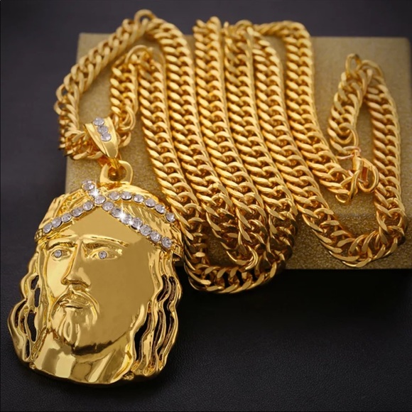 *NEW*Men cuban gold Jesus Cross big face necklace